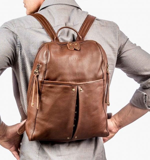 Brown Leather Backpack with Studs