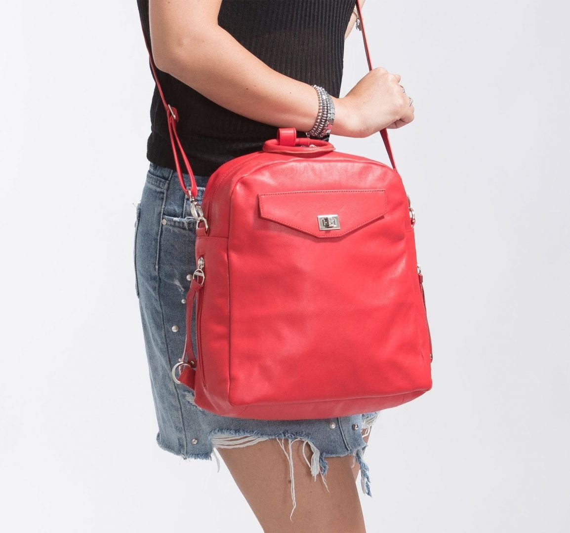 Small Red Leather Backpack | 3-Way Bag