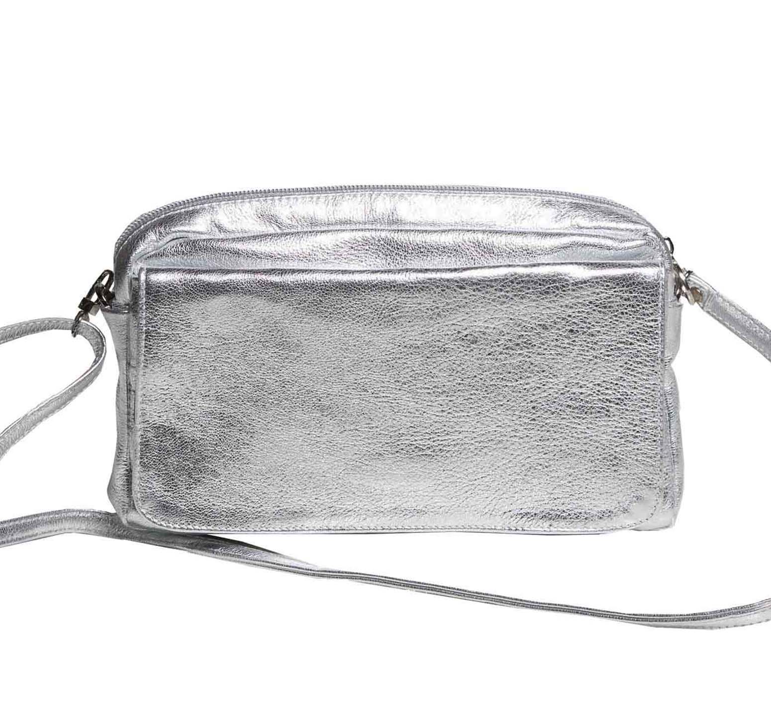 Silver Leather Crossbody Flap Bag