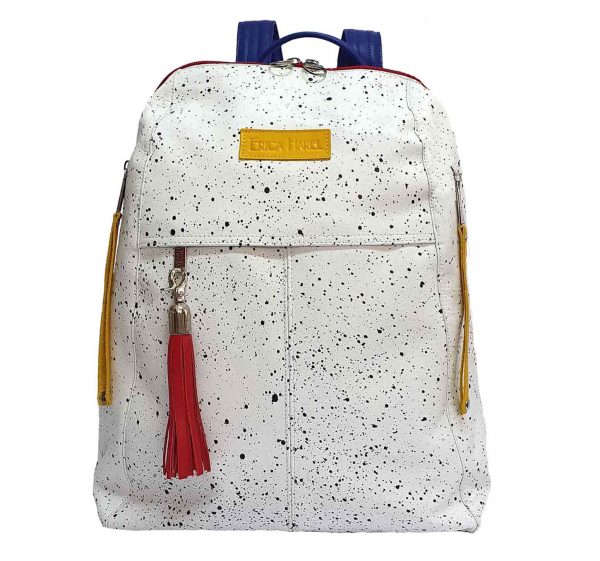 city woman white leather backpack