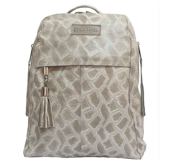 city woman taupe python leather backpack